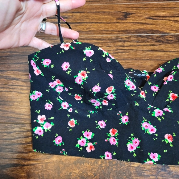 ZARA NEW Black Rose Floral Prints Cropped Top Spaghetti Straps Size Zipper XS-S - Picture 9 of 15